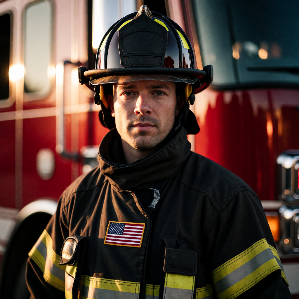 American firefighter in turnout gear standing in front of fire engine